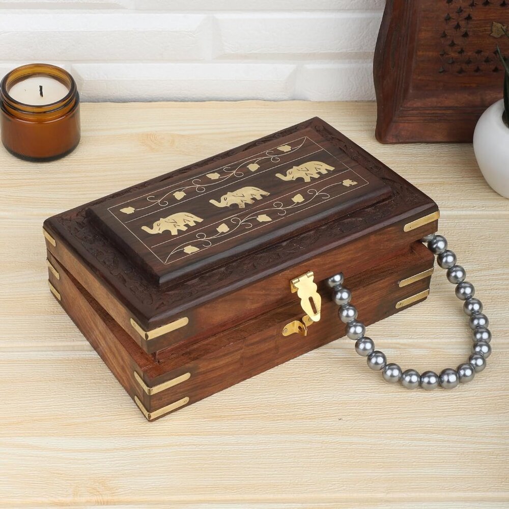 Lucky Elephant Wood Inlay Jewelry Box and Elephants Beautiful Treasure Chest Box